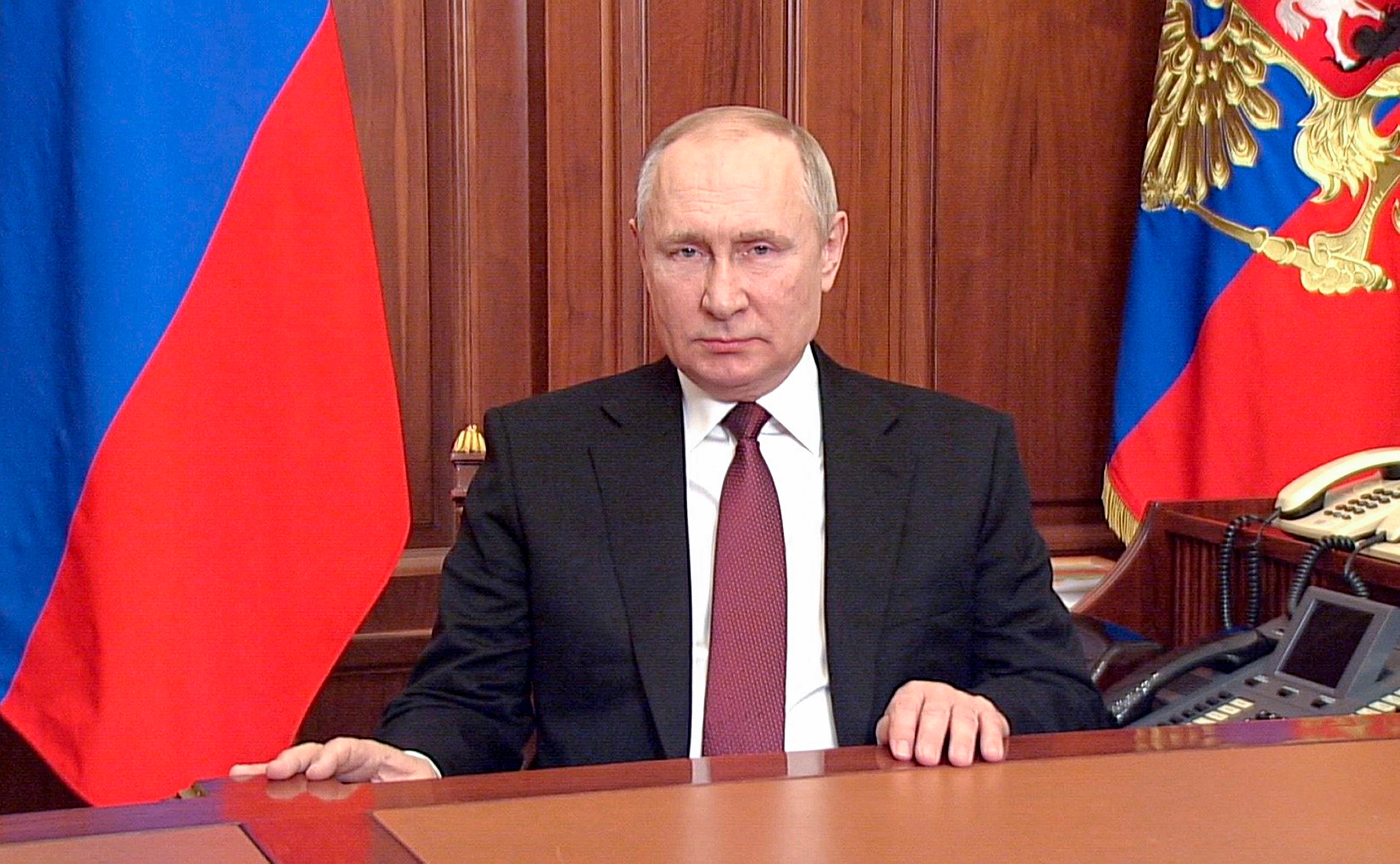 Russian President Vladimir Putin addressees the nation in Moscow (Russian Presidential Press Service via AP)