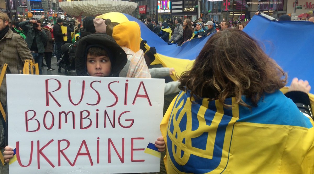 ‘Stop Russian Hitler!’ Ukraine supporters gather in New York’s Times Square to protest invasion