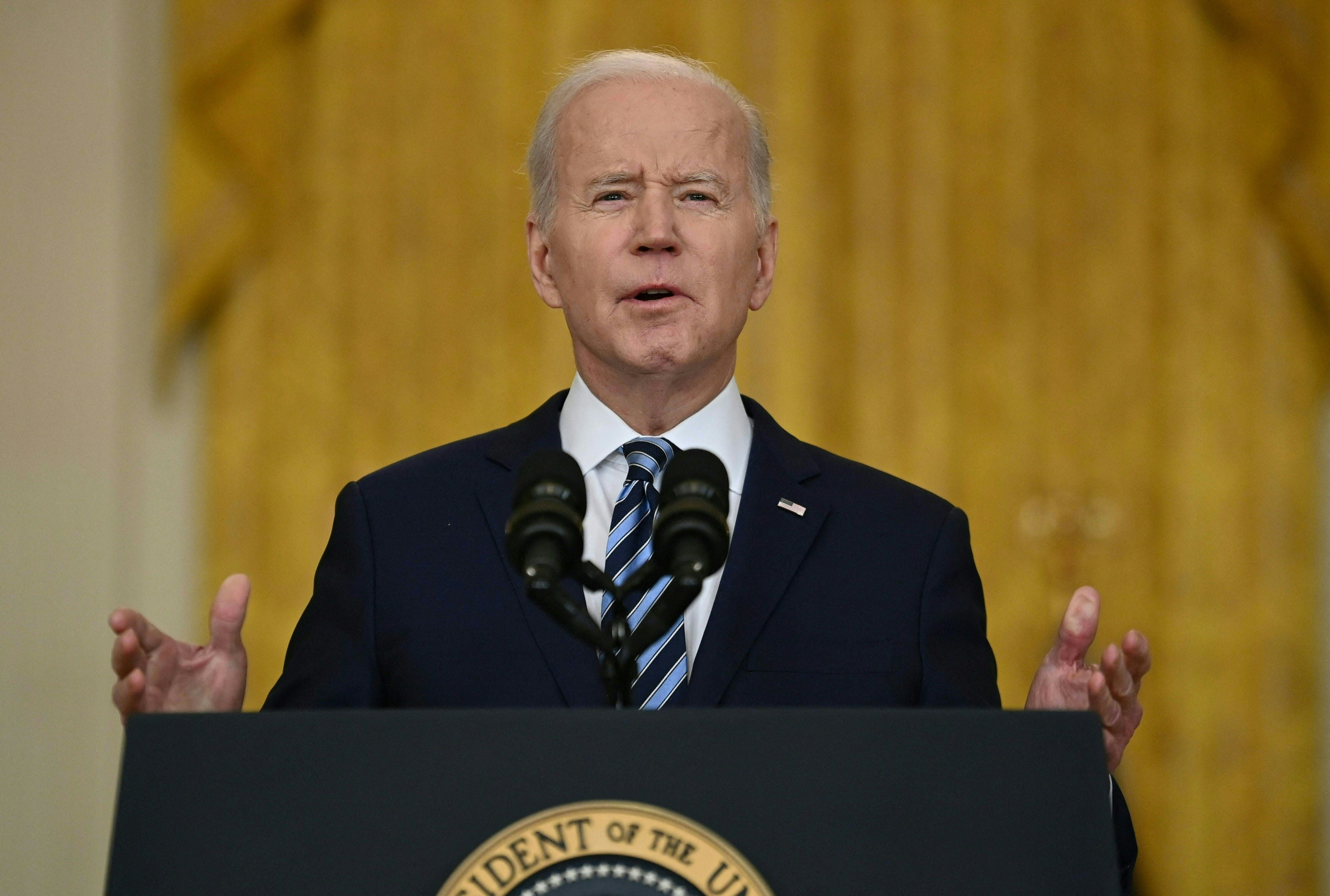 <p>US President Joe Biden addresses the Russian invasion of Ukraine, from the East Room of the White House on February 24, 2022</p>
