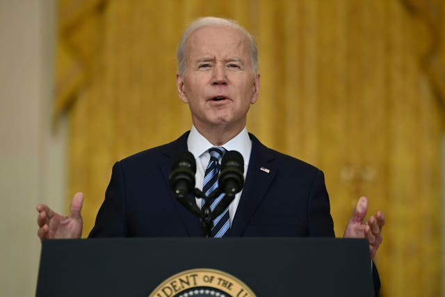 <p>US President Joe Biden addresses the Russian invasion of Ukraine, from the East Room of the White House on February 24, 2022</p>
