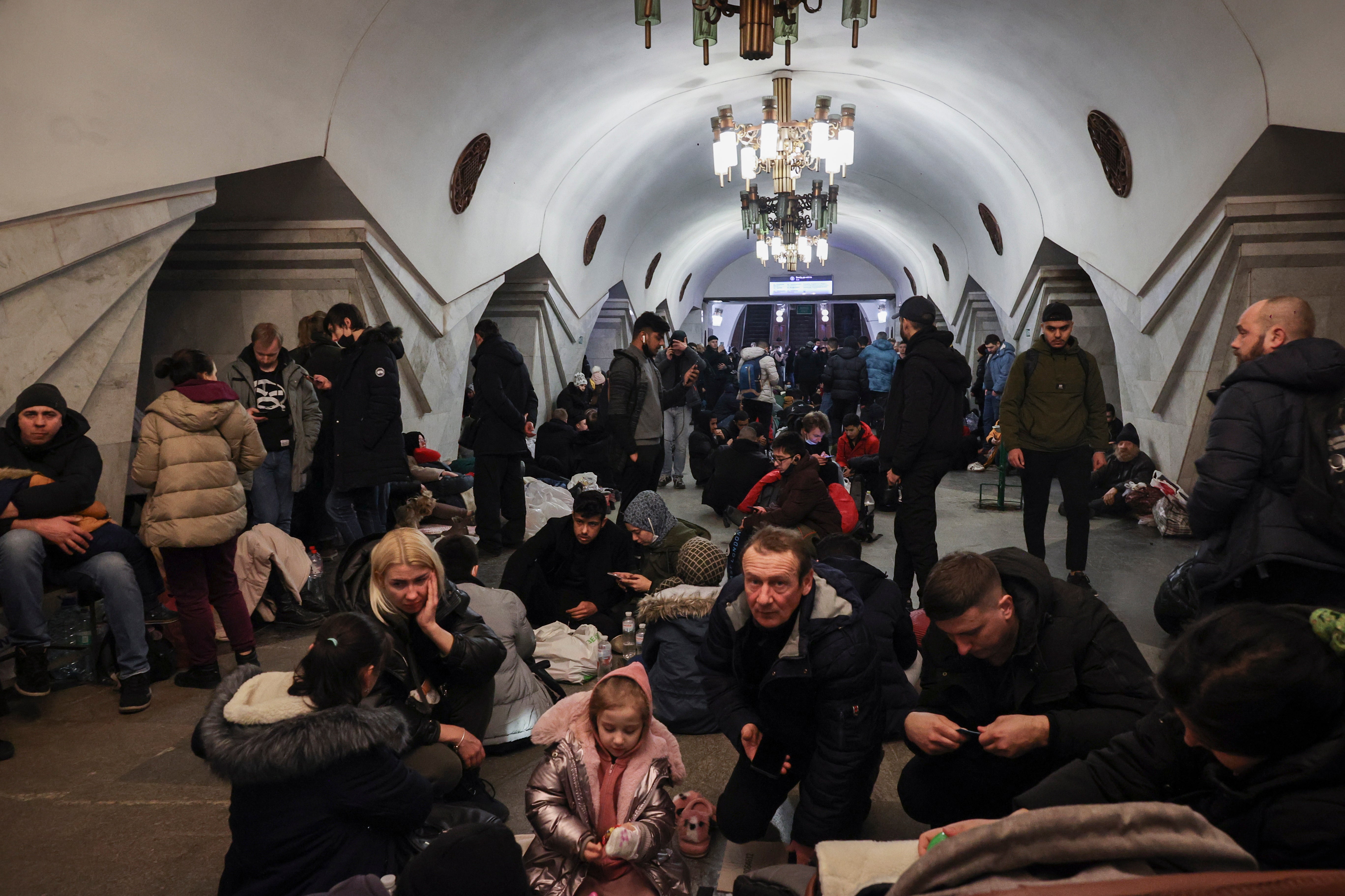 Ukrainians shelter in Pushkinskaya underground station in Kharkiv.