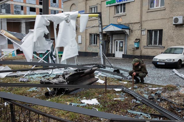 <p>Debris is pictured in the Ukrainian capital Kiev on 24 February, 2022 </p>