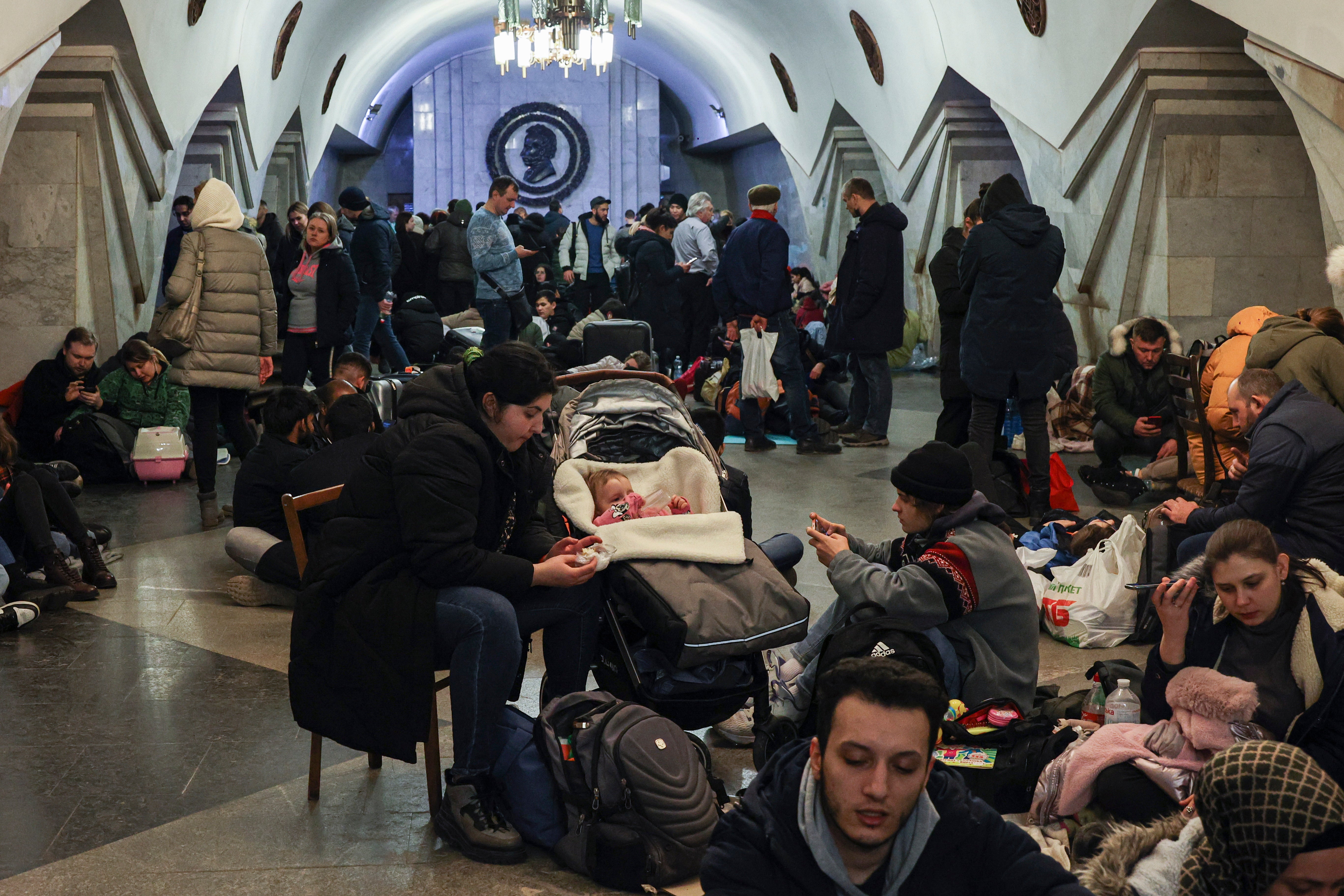 Ukrainians shelter in Pushkinskaya underground station in Kharkiv
