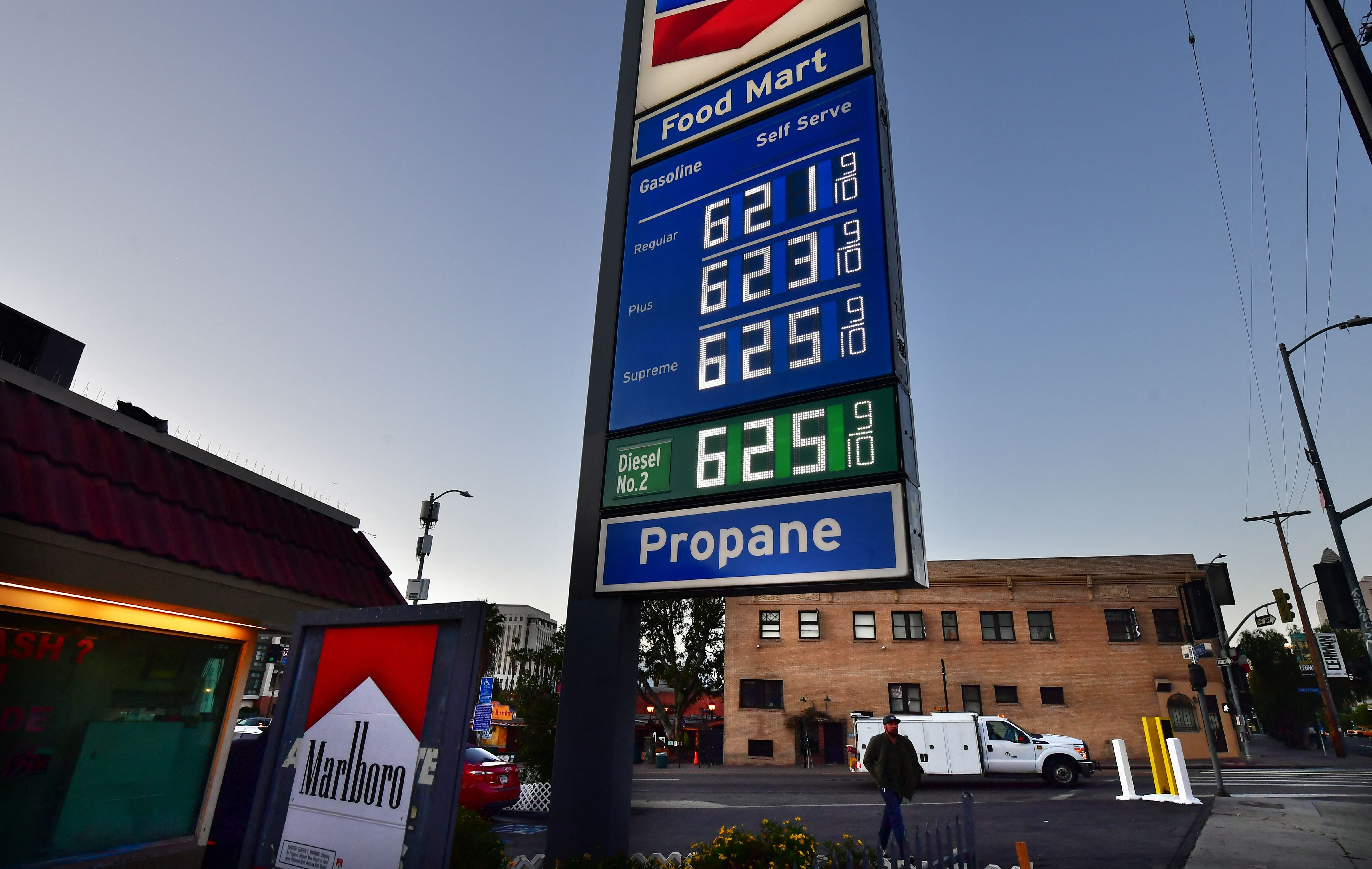 Gas prices hit over $6 dollars per gallon at a petrol station in Los Angeles, California on February 23, 2022