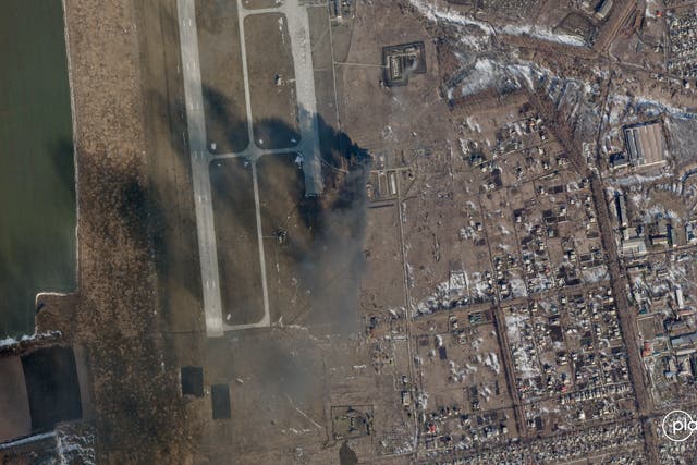A satellite image appears to show damage to an airfield in eastern Ukraine (Planet Labs PBC)