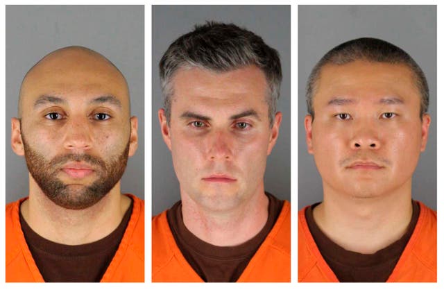 <p>J. Alexander Kueng, Thomas Lane and Tou Thao left to right in booking photos </p>