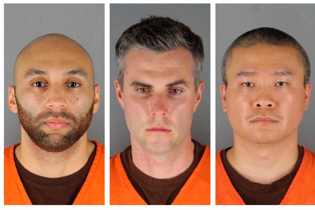 <p>J. Alexander Kueng, Thomas Lane and Tou Thao left to right in booking photos </p>