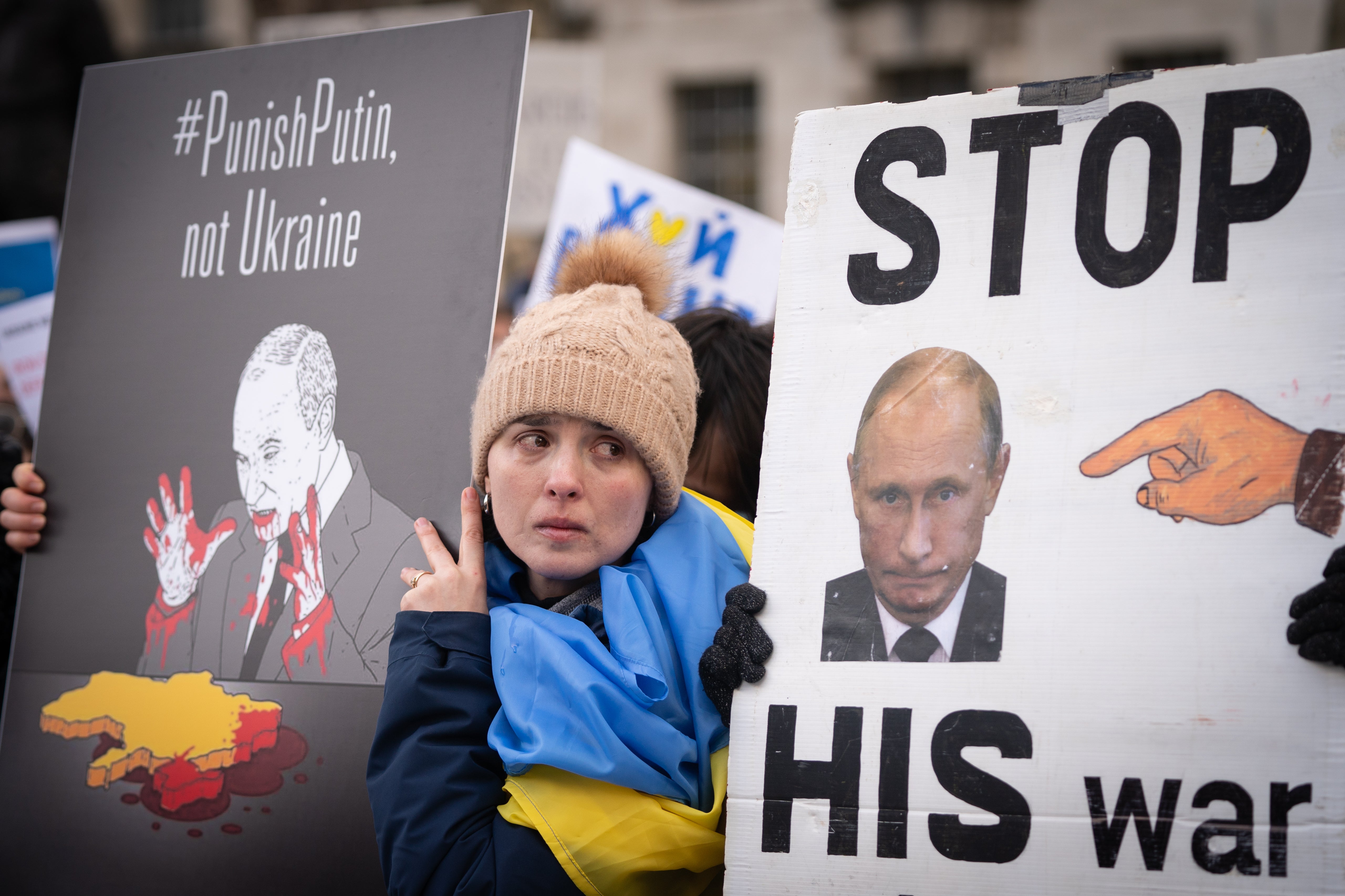 Ukrainians hold a protest against the Russian invasion of Ukraine outside Downing Street (Stefan Rousseau/PA)