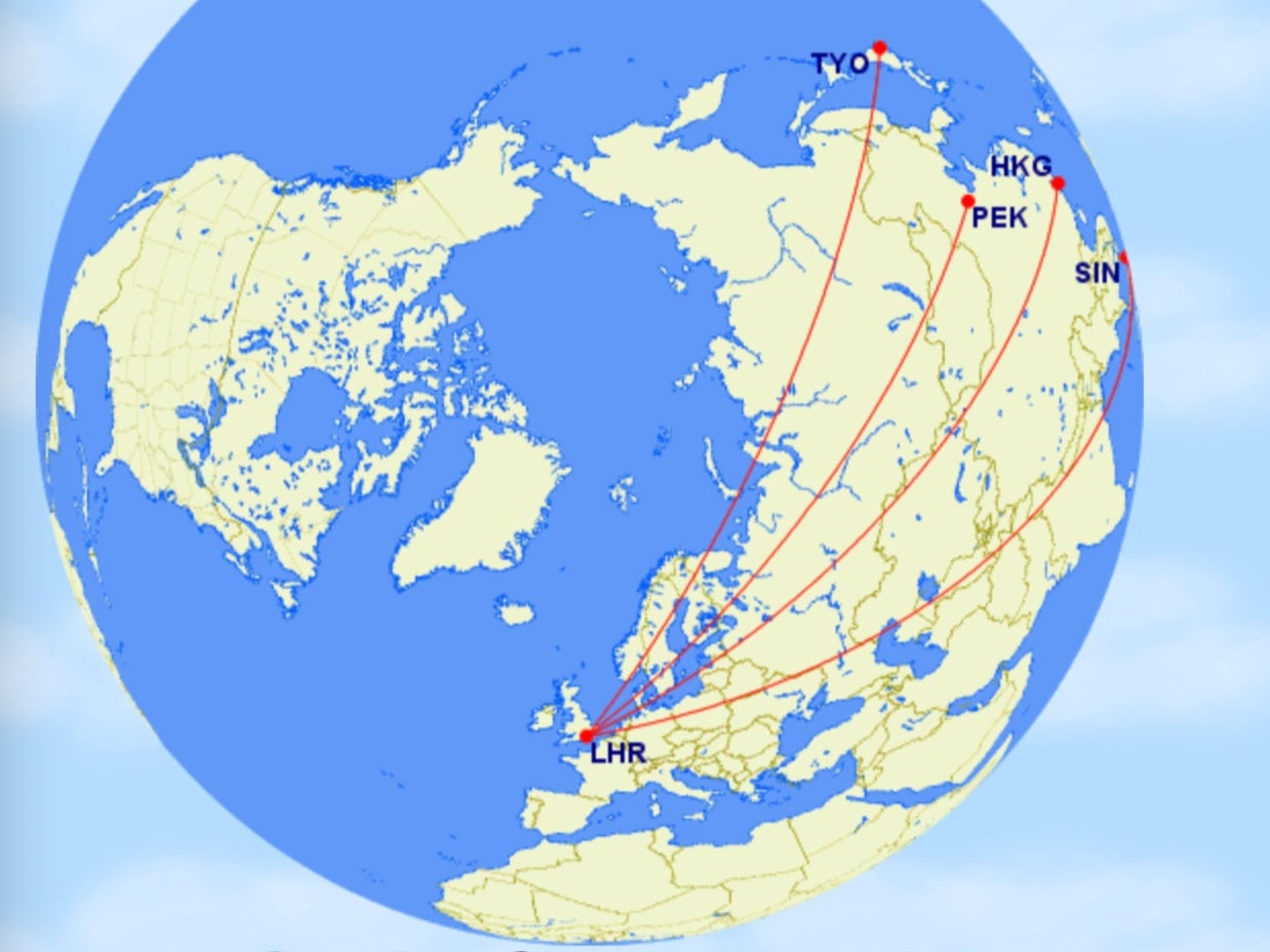 Russian routes: the most direct flight paths from London Heathrow (LHR) to Tokyo (TYO), Beijing (PEK), Hong Kong (HKG) and Singapore (SIN)