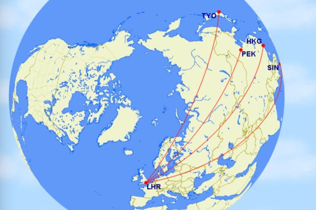 <p>Russian routes: the most direct flight paths from London Heathrow (LHR) to Tokyo (TYO), Beijing (PEK), Hong Kong (HKG) and Singapore (SIN)</p>