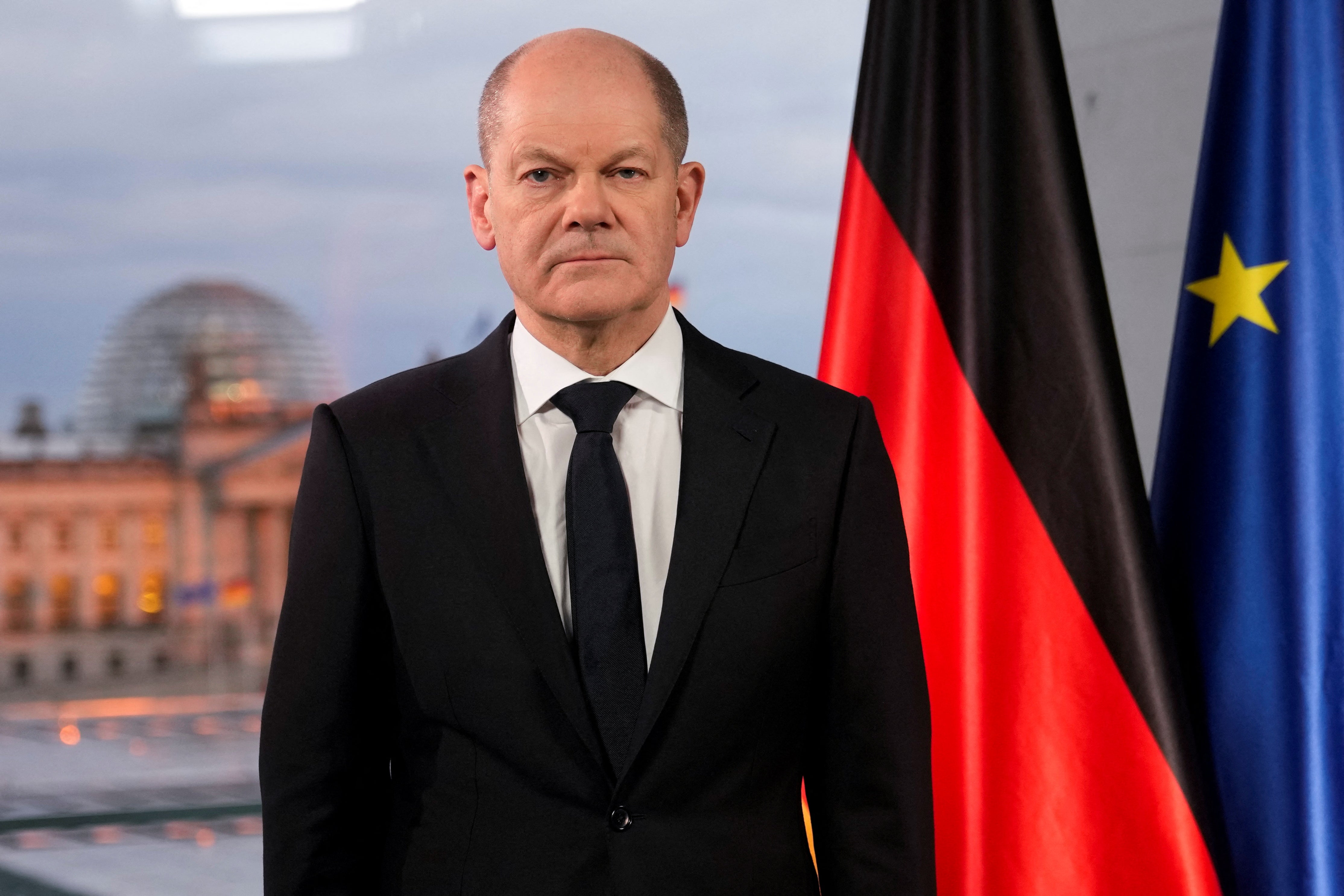 German chancellor Olaf Scholz poses for media after the recording of a television speech at the chancellery, following the Russian attack of Ukraine