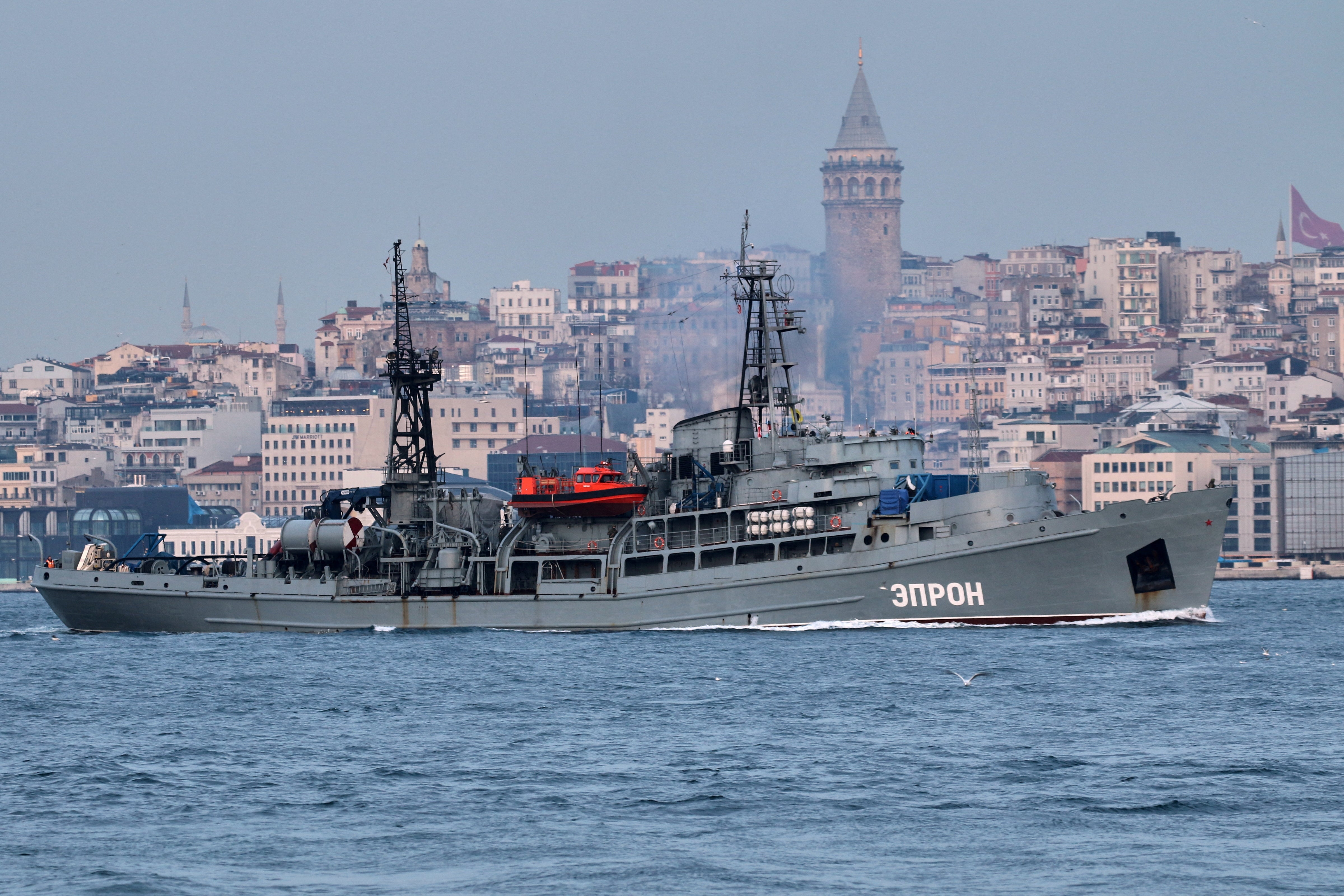 File photo: The Russian Navy’s Black Sea Fleet 145th Rescue Ship Squad’s Prut class rescue tug EPRON sails in the Bosphorus, on its way to the Black Sea, in Istanbul, Turkey, 17 February 2022