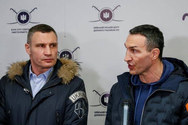 <p>Vitali, left, and Wladimir Klitschko address the media in Kyiv</p>