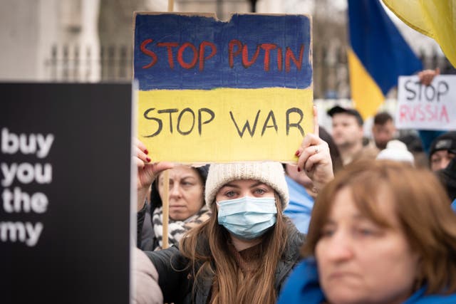 Ukrainians hold a protest against the Russian invasion of Ukraine outside Downing Street, central London (Stefan Rousseau/PA)