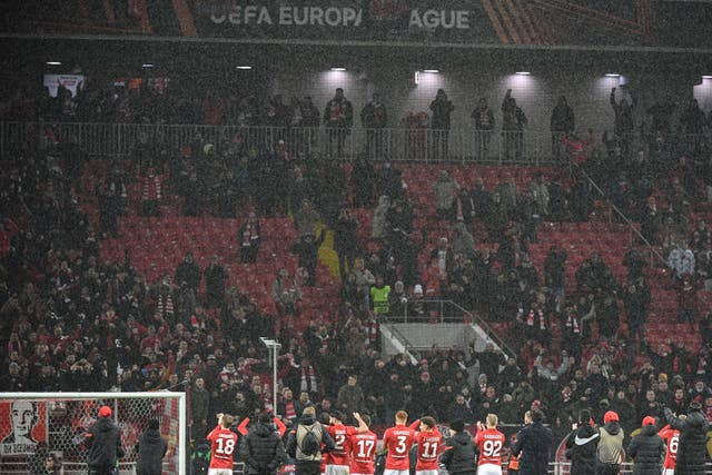 <p>Spartak Moscow's players celebrate a home victory over Napoli in the Europa League last November </p>