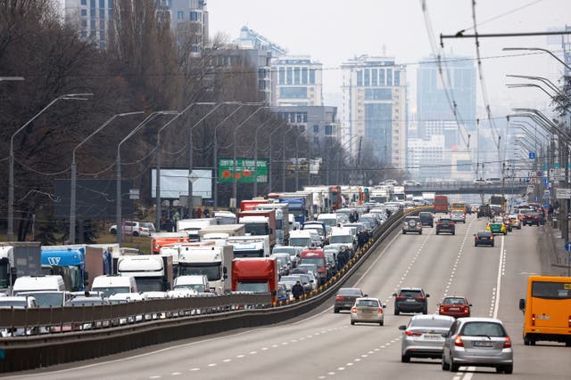 <p>Residents leaving Central Kyiv are pictured stuck in a highway, after Russia invaded Ukraine, February 24, 2022</p>