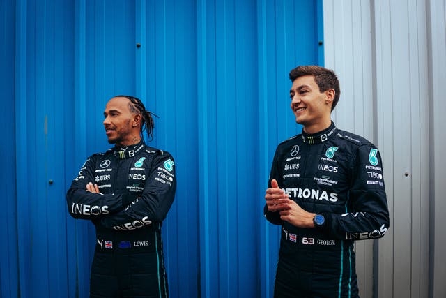 <p>George Russell, right, will partner Lewis Hamilton this season (Mercedes-AMG/PA)</p>