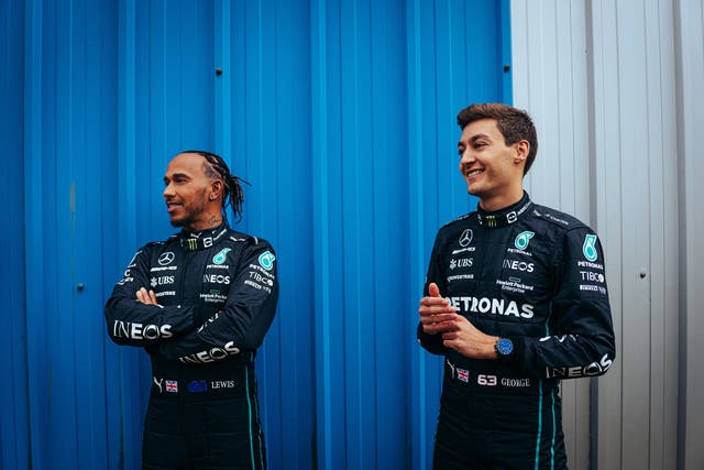 <p>George Russell, right, will partner Lewis Hamilton this season (Mercedes-AMG/PA)</p>