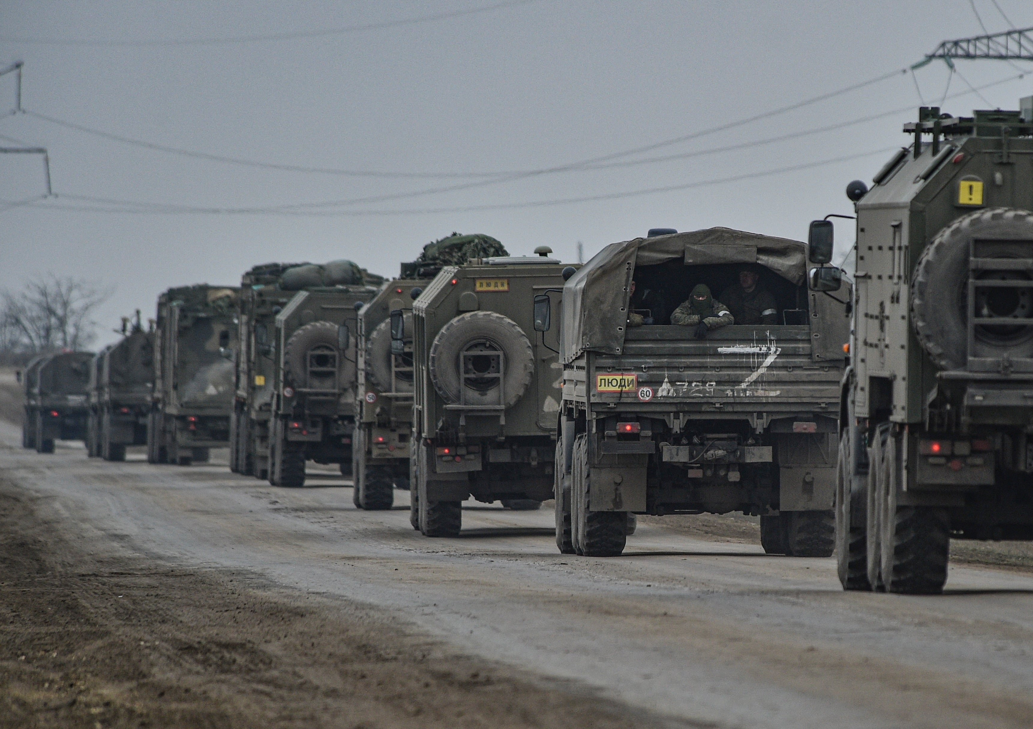 File: Russian troops move towards Ukraine on the road near Armiansk
