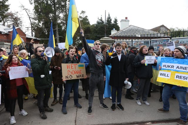 Protesters outside the embassy of the Russian Federation in Dublin (PA)
