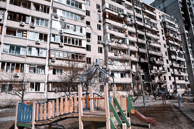 Damage to property in Kyiv caused by an explosion during Russia’s invasion of Ukraine (Maia Mikhaluk/PA)