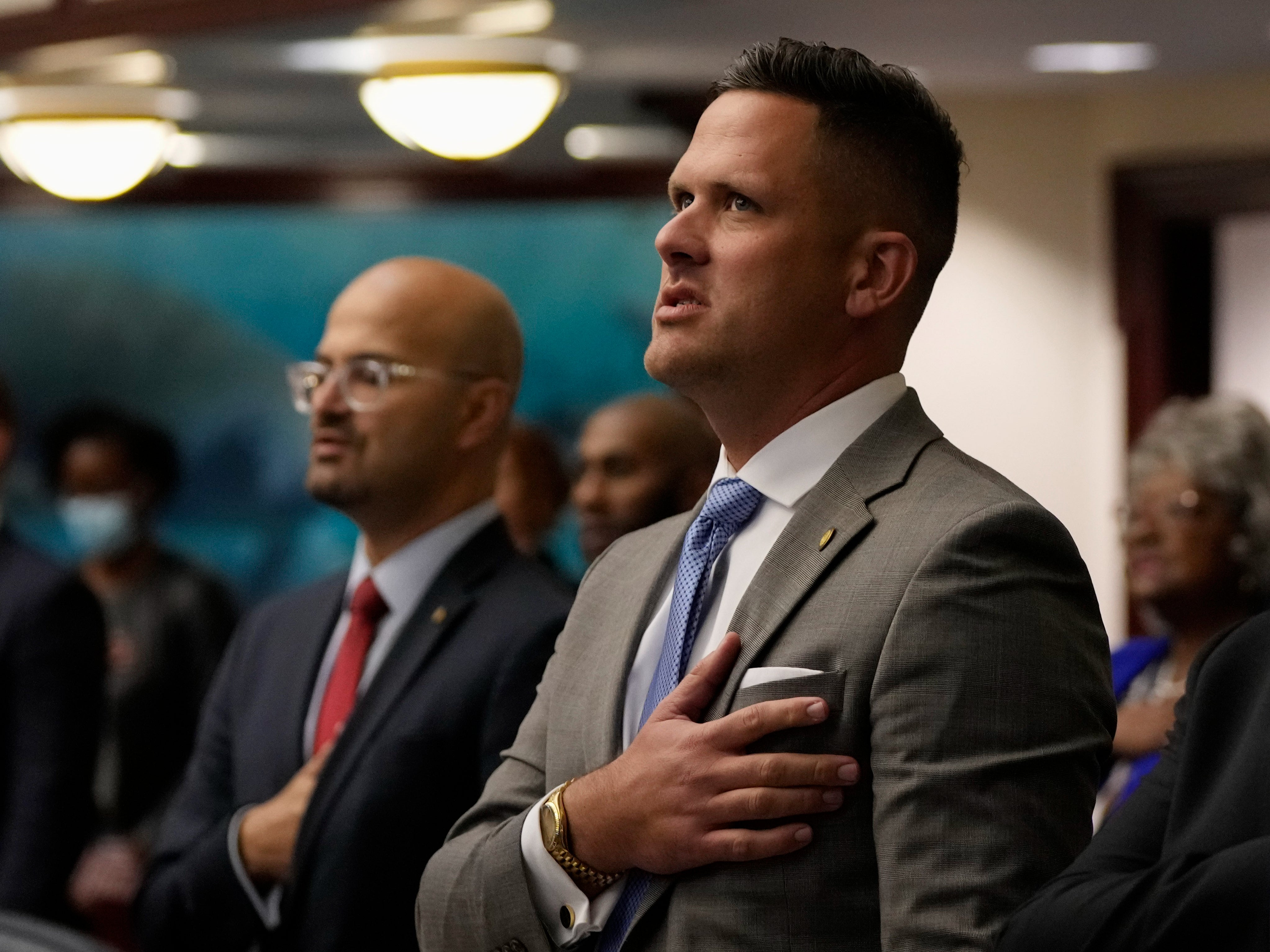 Florida Republican state Rep Joe Harding, right, is a chief sponsor of what opponents call ‘Don’t Say Gay’ legislation in the state legislature.