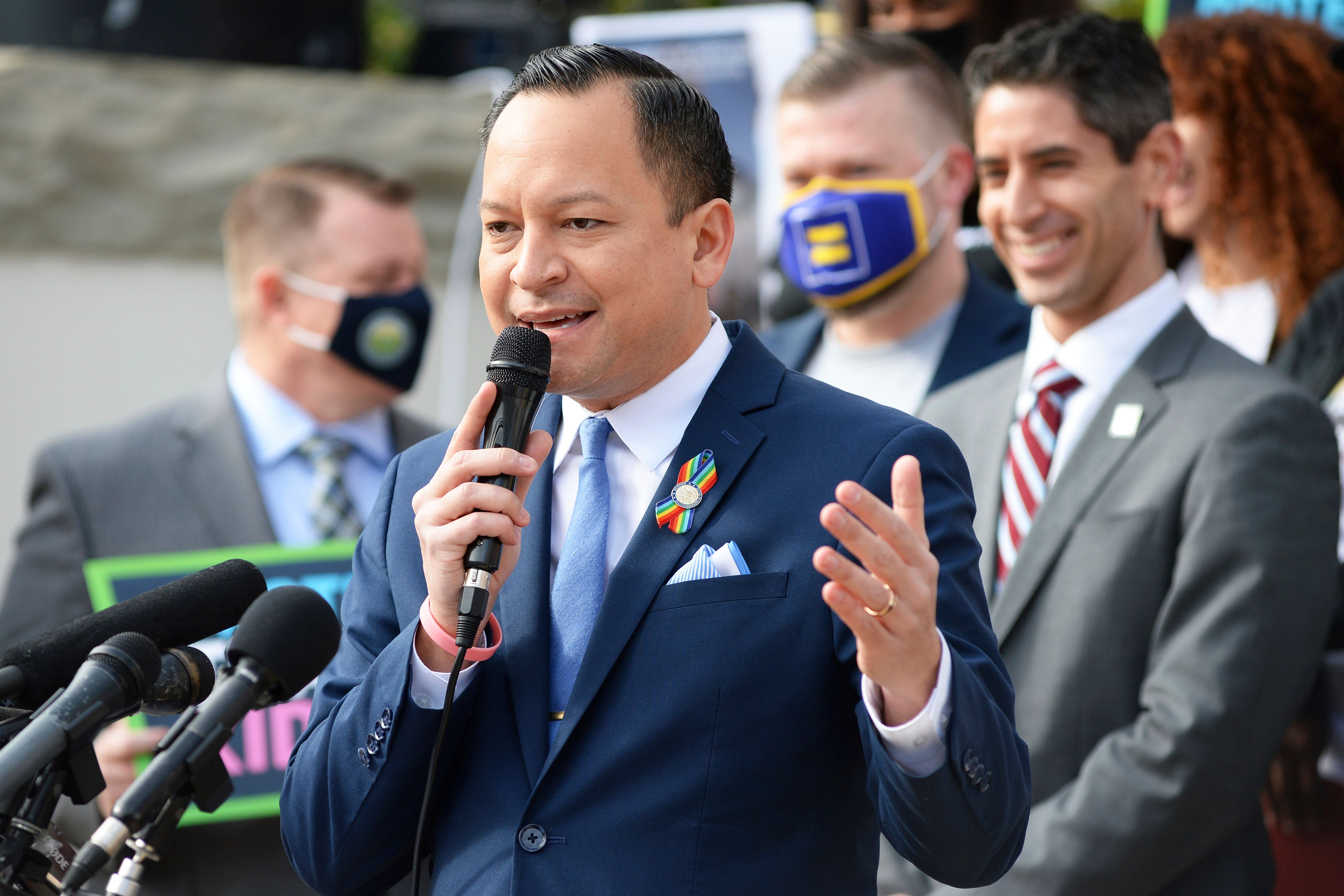 Florida Democratic state Rep Carlos Smith speaks out against so-called ‘Don’t Say Gay’ legislation at a rally in February.