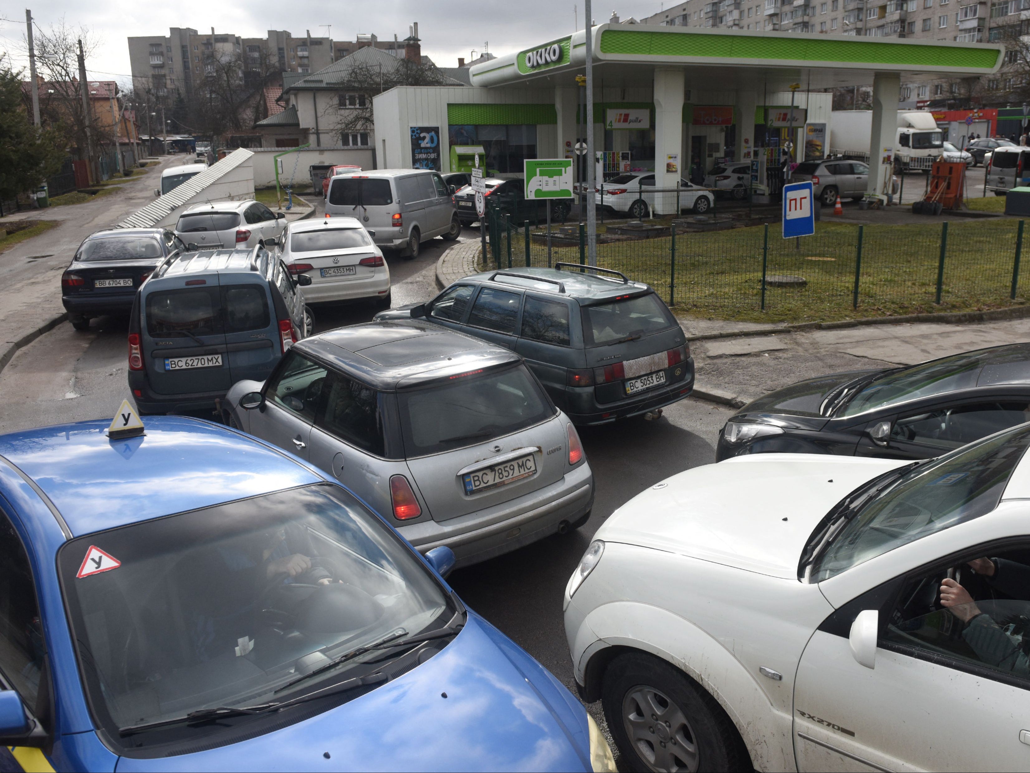 Queues at a petrol station in the western Ukrainian city of Lviv