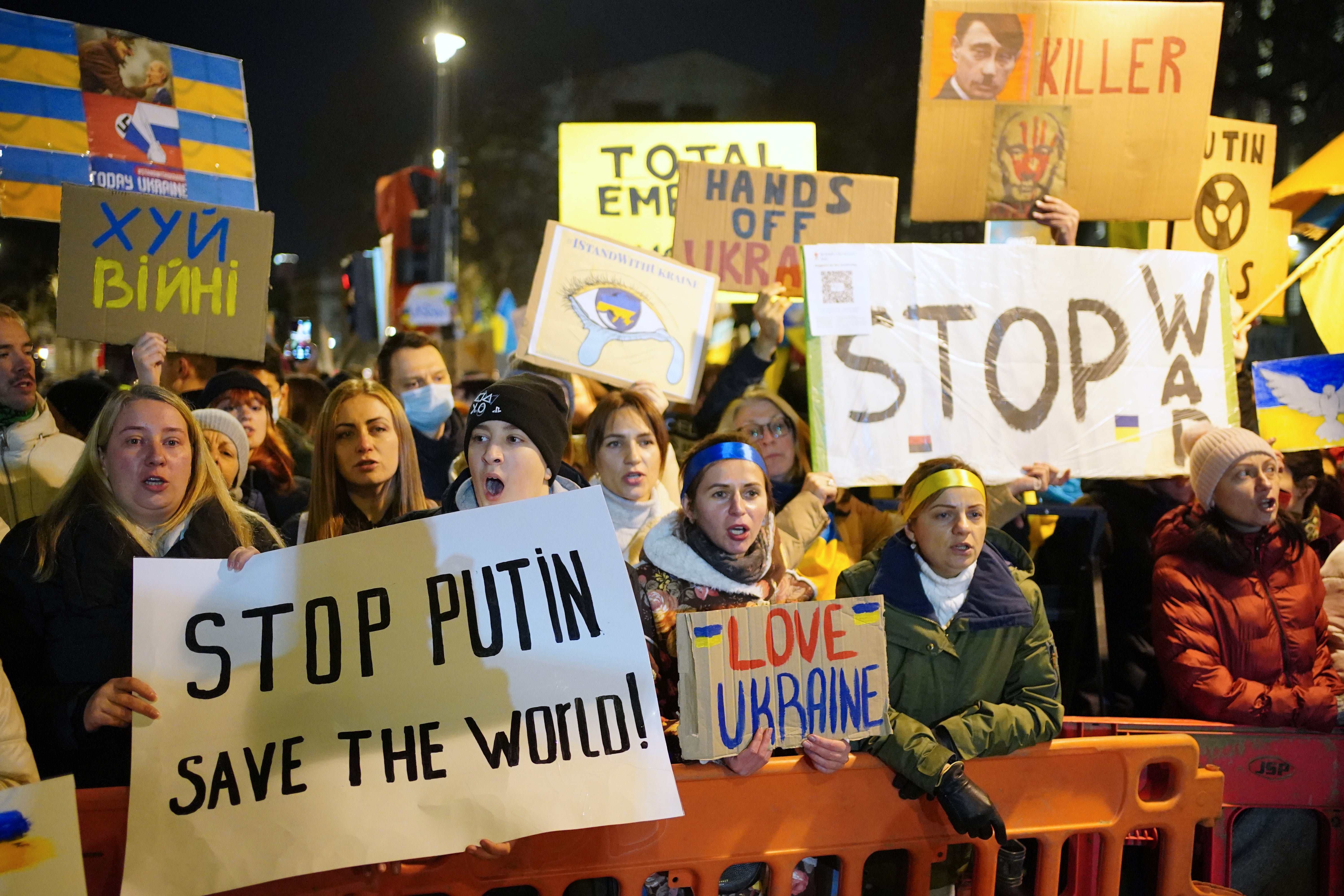 A demonstration near Downing Street, London, following the Russian invasion of Ukraine (Dominic Lipinski/PA)