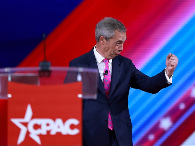 <p>Nigel Farage speaks during the Conservative Political Action Conference (CPAC) on 25 February 2022 in Orlando, Florida</p>
