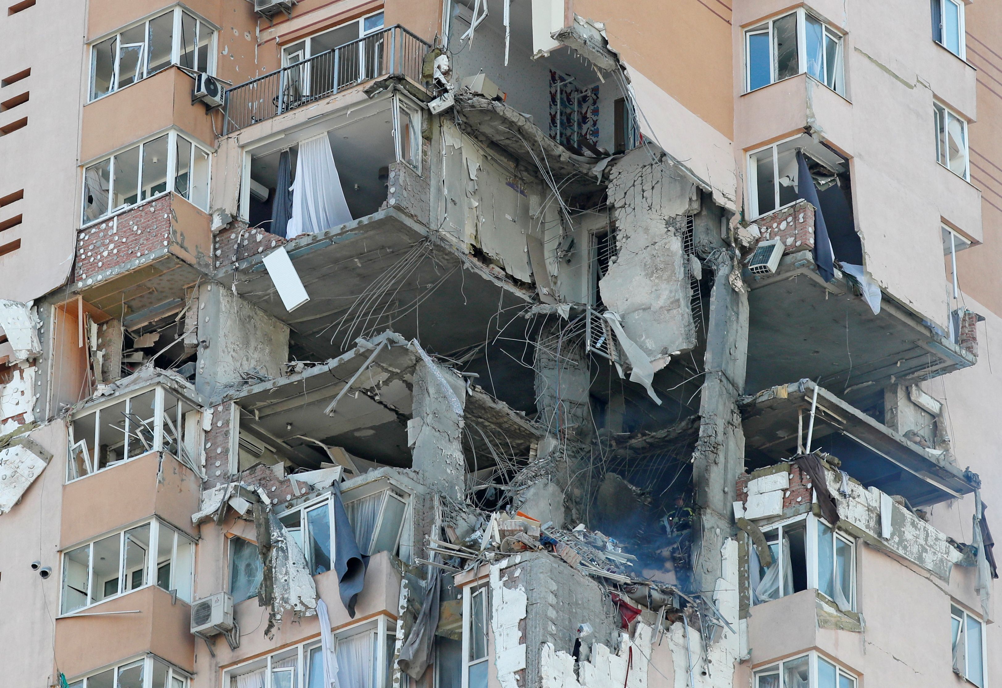 An apartment building damaged by recent shelling in Kyiv