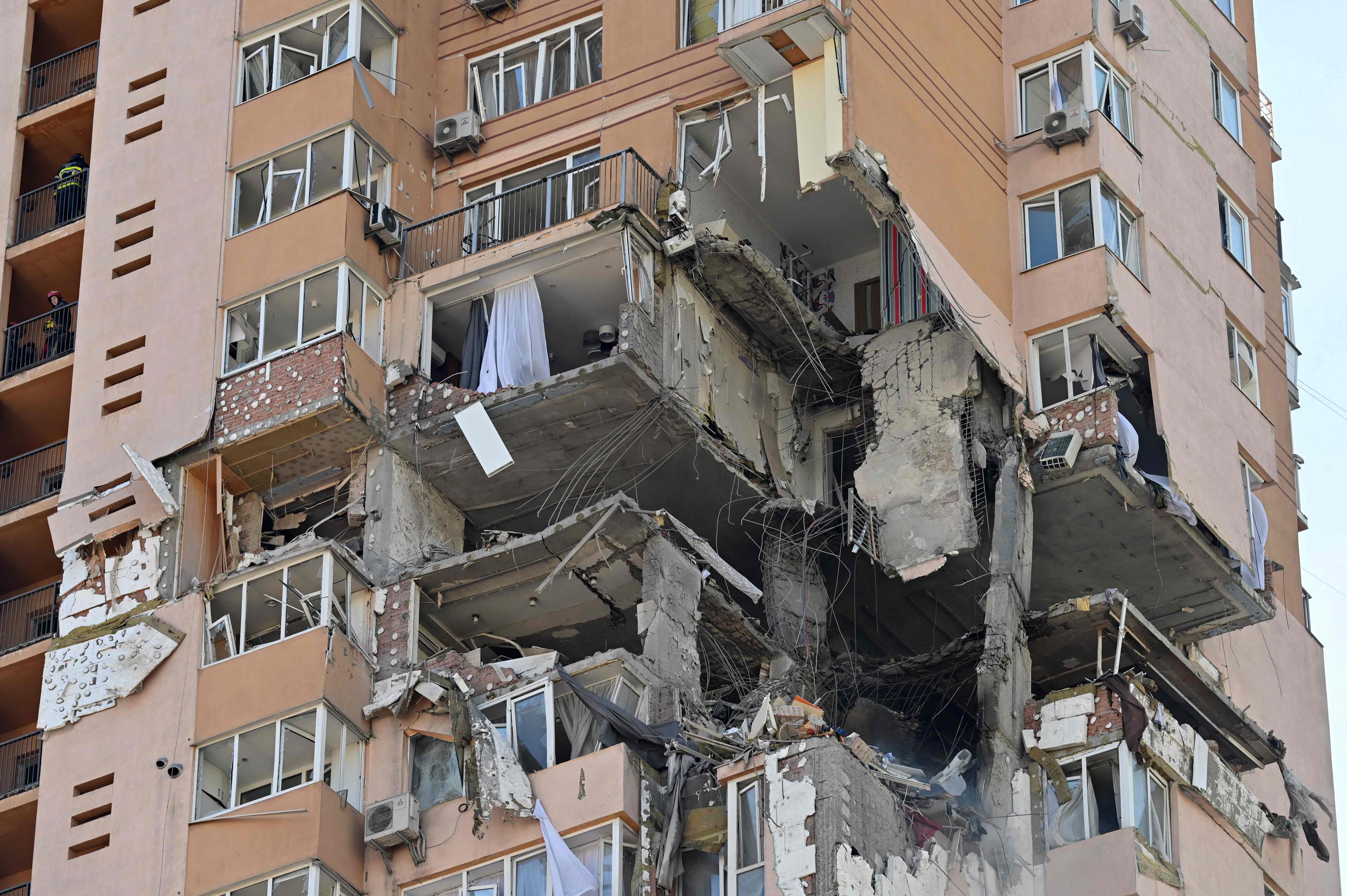 A view of a high-rise apartment block which was hit by recent shelling in Kyiv