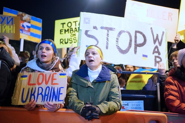 Demonstrators on Whitehall protesting against the Russian invasion of Ukraine (Dominic Lipinski/PA)