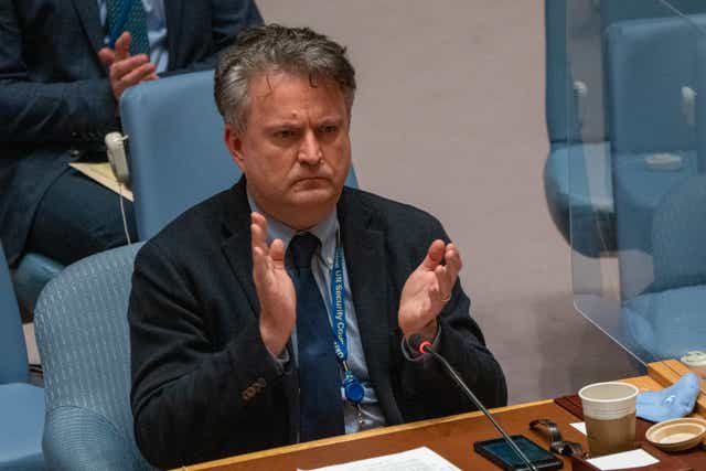 <p>Sergiy Kyslytsya, Permanent Representative of Ukraine to the United Nations, applauds during a Security Council meeting </p>