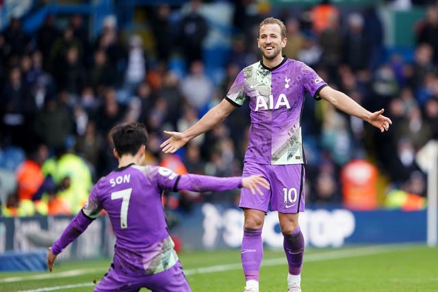 Tottenham’s Son Heung-min (left) celebrates with Harry Kane after scoring the final goal in a 4-0 win at Leeds (Zac Goodwin/PA Images).