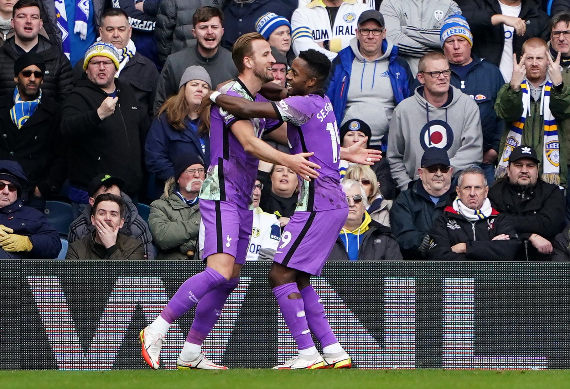 Tottenham’s Harry Kane (left) celebrates with Ryan Sessegnon after scoring his side’s third goal in a 4-0 win at Leeds (Zac Goodwin/PA Images).