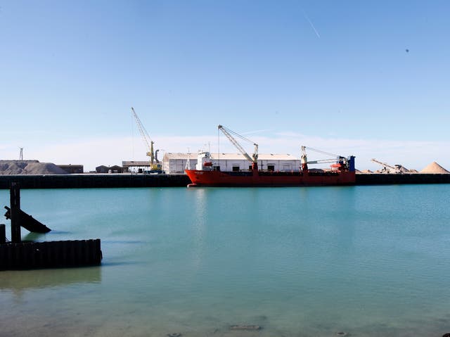 <p>A Russian flag cargo ship docks in the port of Boulogne-sur-Mer, northern France</p>