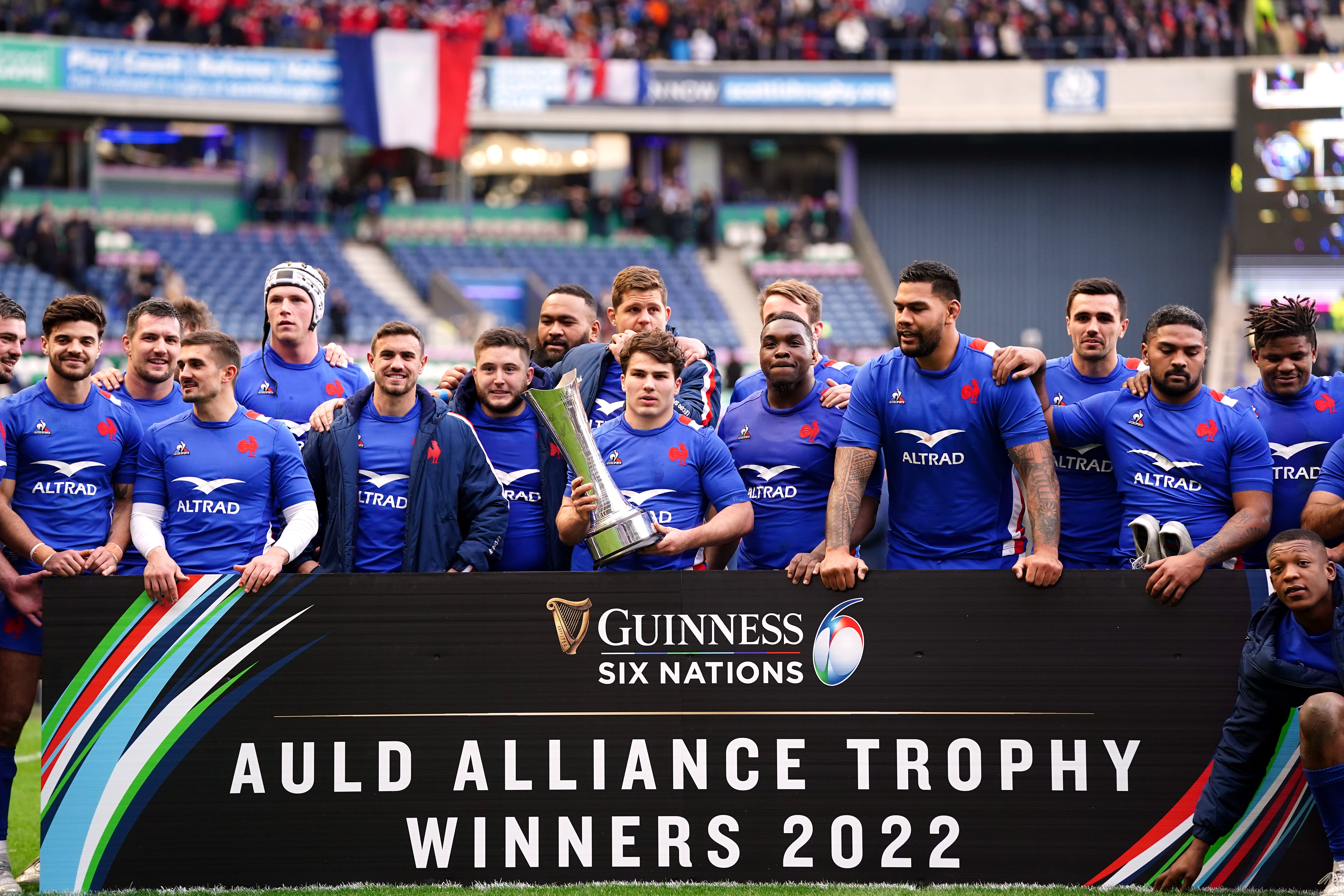 France scrum-half Antoine Dupont with the Auld Alliance Trophy at Murrayfield