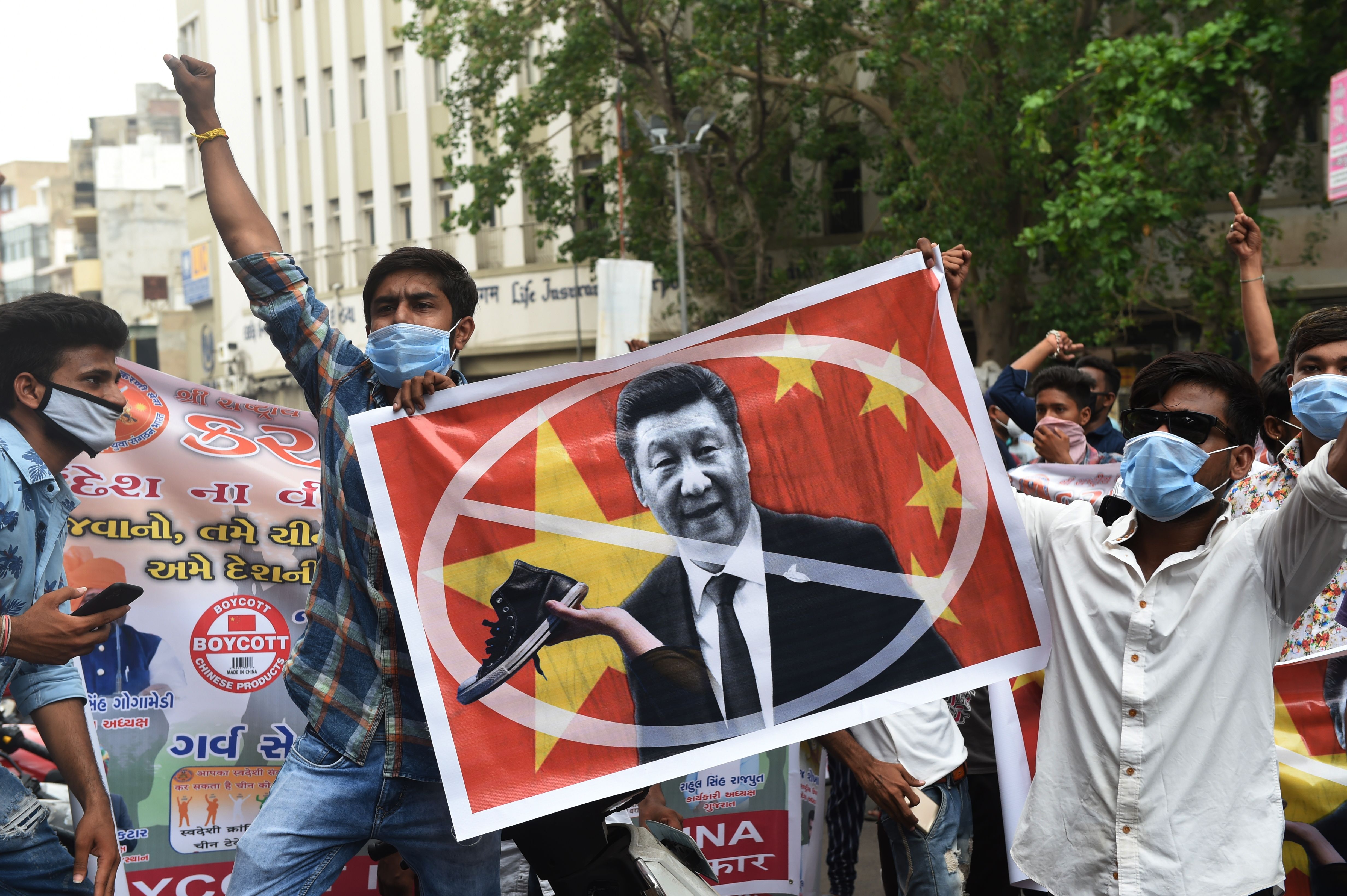 Activists belonging to Gujarat’s Karni Sena organisation rally during an anti-China demonstration in Ahmedabad, 24 June 2020