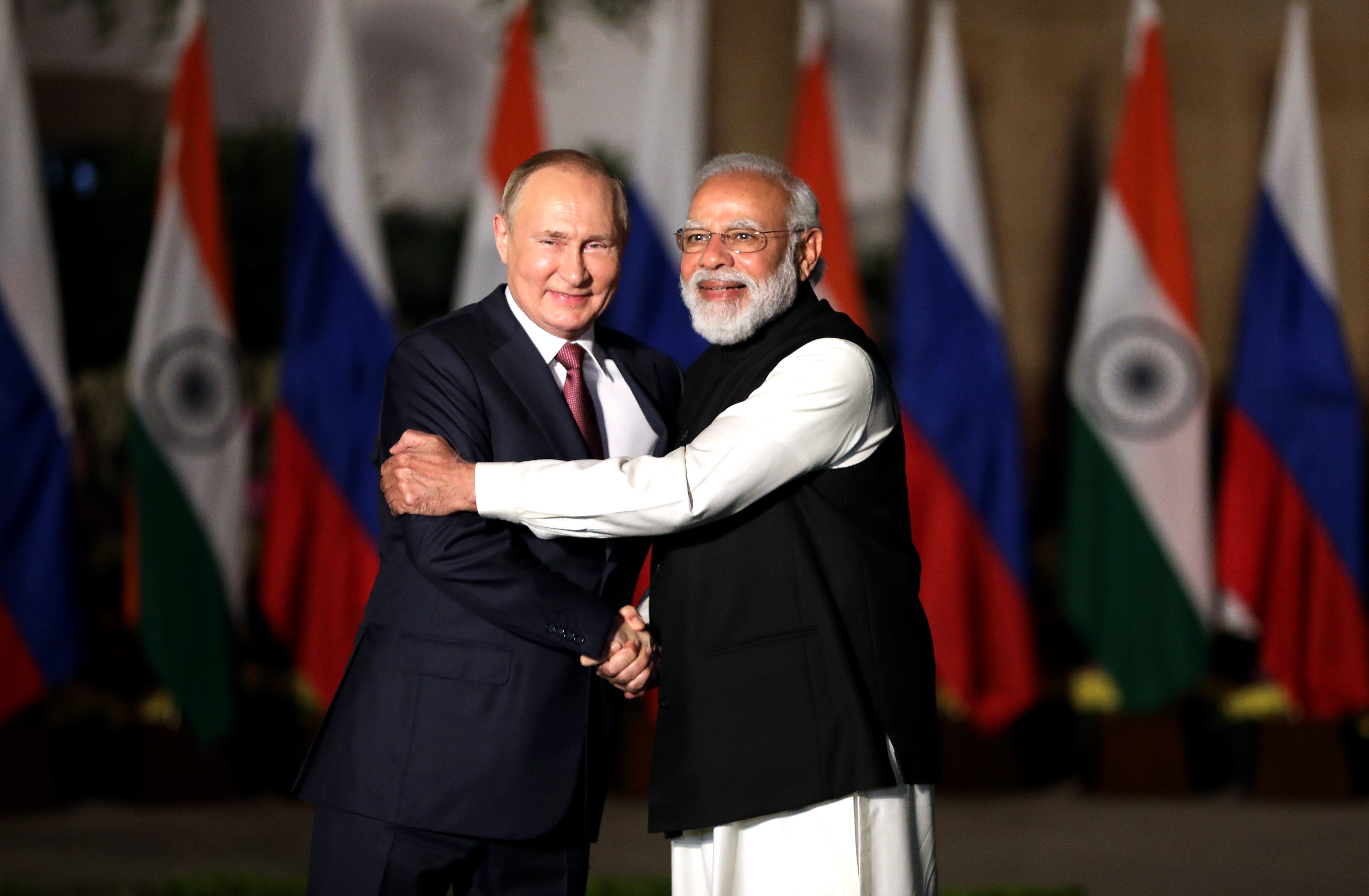 Indian prime minister Narendra Modi (R) and Russian president Vladimir Putin (L) meet in New Delhi, India, 6 December 2021