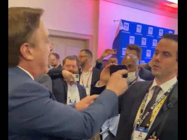 <p>Mike Lindell shouts ‘traitor’ at reporter who asked him about his pro-Trump conspiracy theories at the CPAC conference in Orlando, Florida</p>