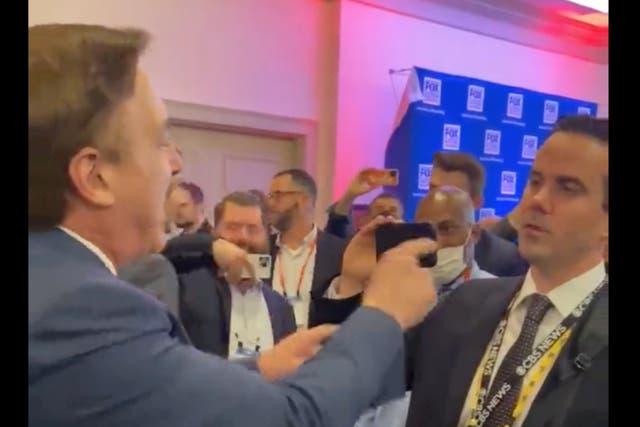 <p>Mike Lindell shouts ‘traitor’ at reporter who asked him about his pro-Trump conspiracy theories at the CPAC conference in Orlando, Florida</p>