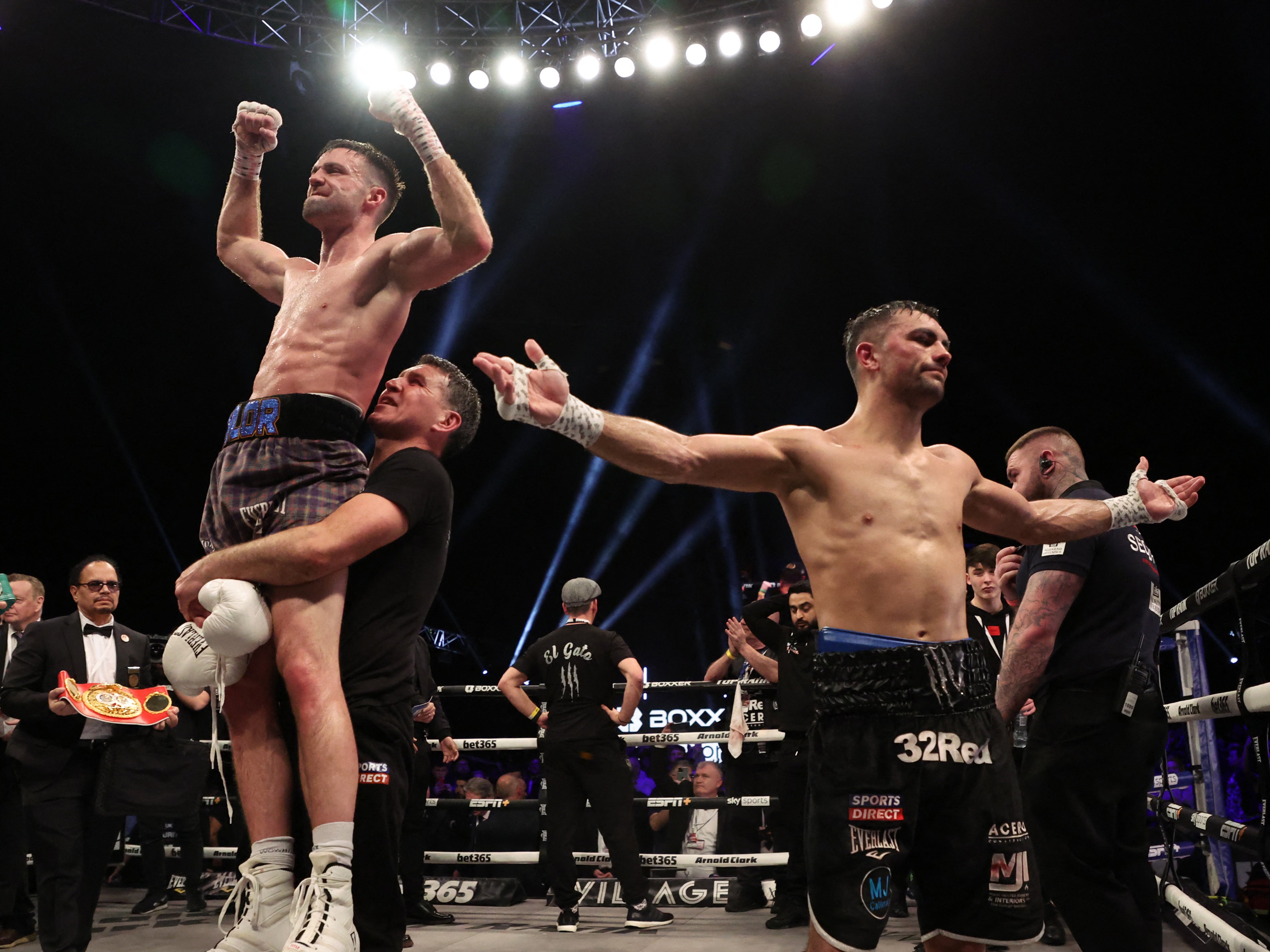 Josh Taylor celebrates his controversial victory over Jack Catterall