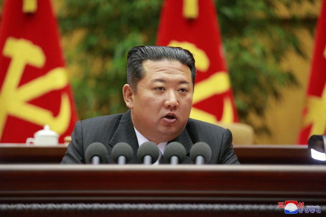 <p>North Korean leader Kim Jong Un delivers opening remarks during the 2nd Conference of Secretaries of Primary Committees of the Workers’ Party of Korea (WPK), in this photo released on 27 February 2022</p>