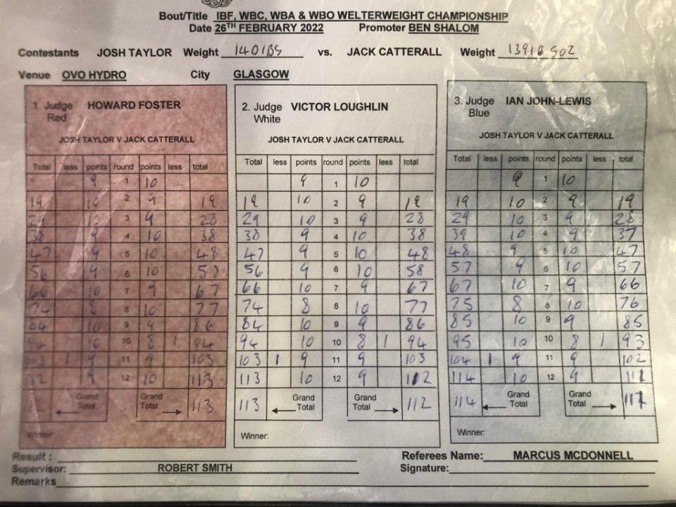 Taylor vs Catterall official scorecards