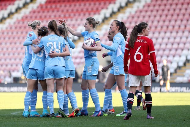 <p>Manchester City eased into the quarter-finals of the Women’s FA Cup with a 4-1 win over rivals United</p>