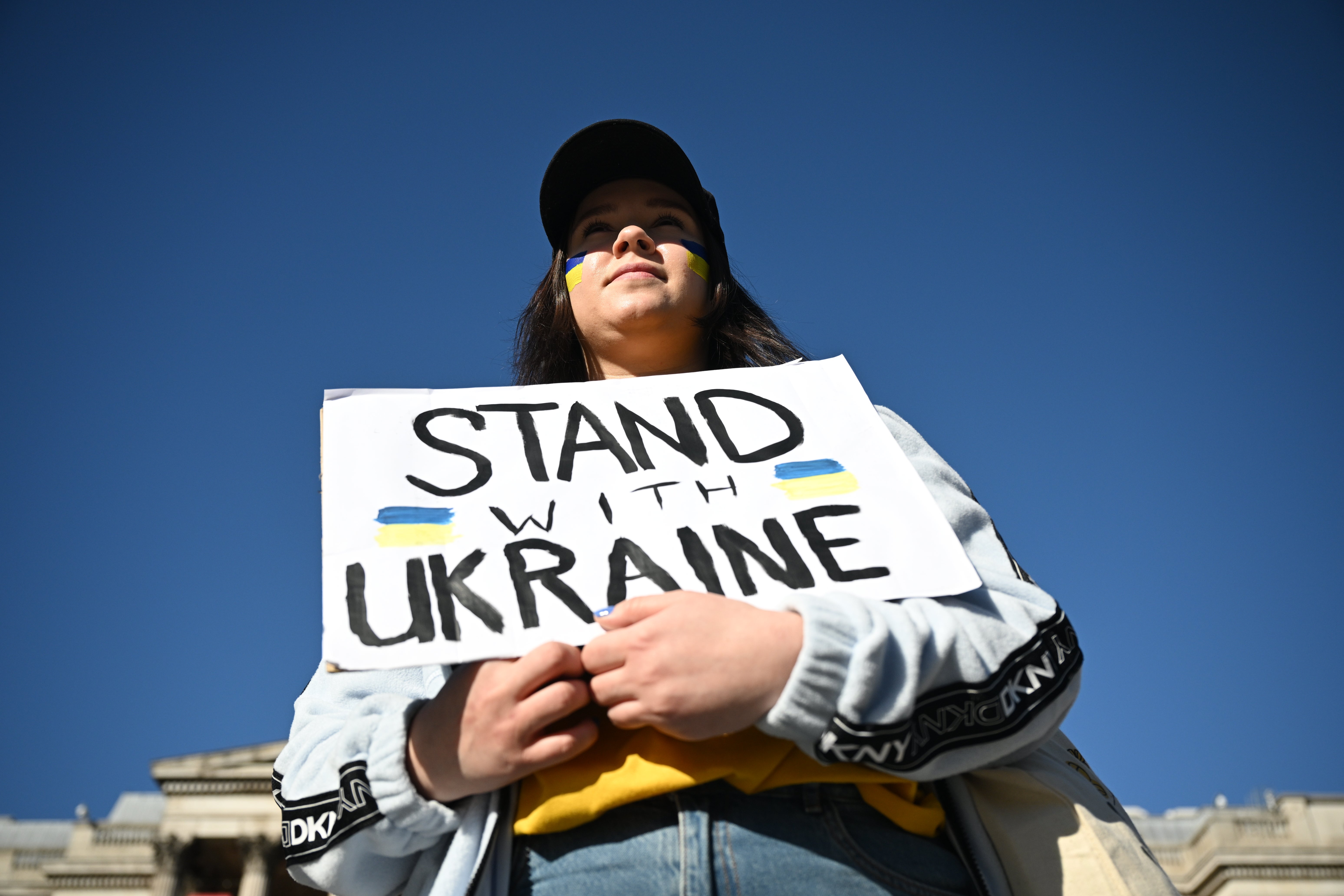 Protesters demonstrate in support of Ukraine in Trafalgar Square on February 27, 2022 in London, England.