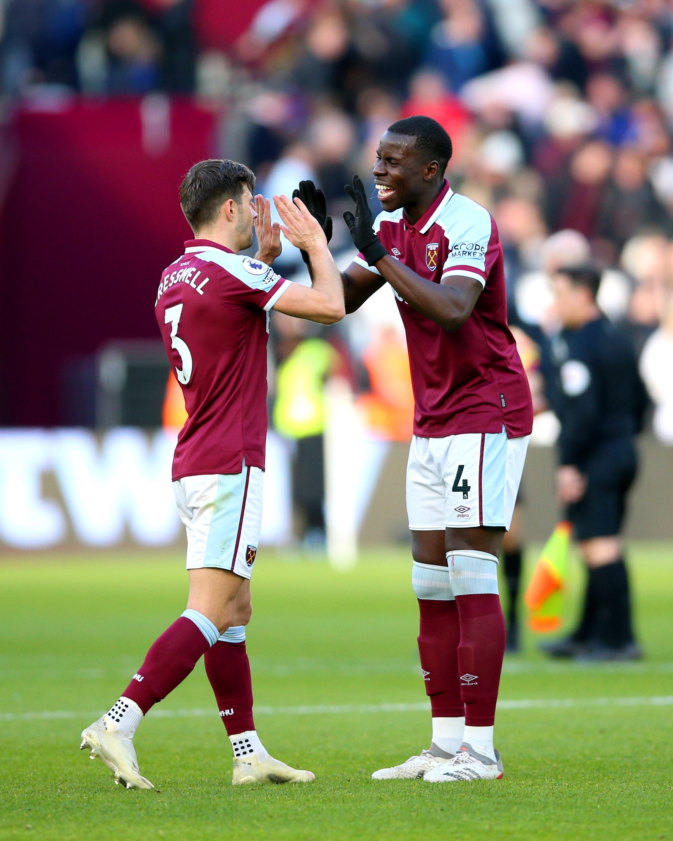 Kurt Zouma (right) and Aaron Cresswell celebrated West Ham’s narrow win (Nigel French/PA)