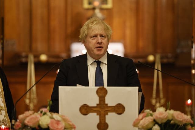 Prime Minister Boris Johnson speaks during a visit to the Ukrainian Catholic Eparchy of Holy Family of London (Jamie Lorriman/PA)