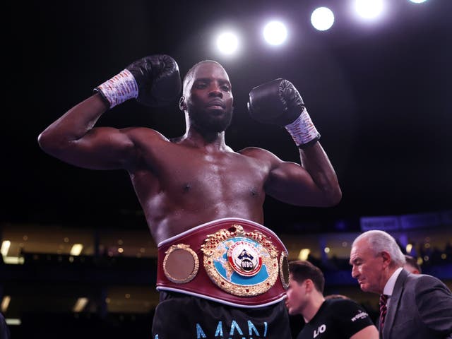 <p>Lawrence Okolie after retaining the WBO cruiserweight title against Michal Cieslak</p>